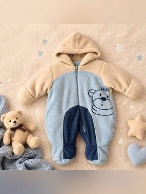 Baby Bell Blue Fleece Bunting Snowsuit 3M Hooded Bear One-Piece Winter Baby